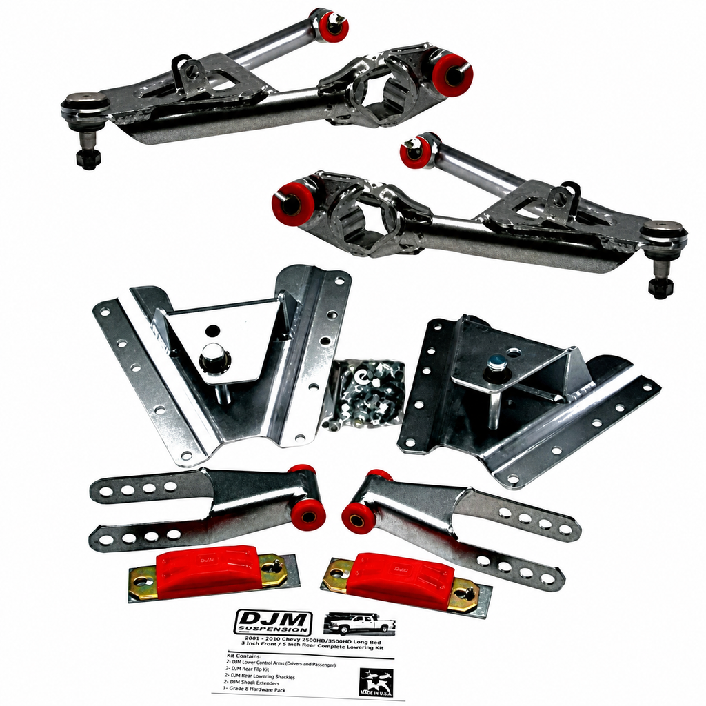 2001 – 2010 Chevy 2500HD/3500HD Long Bed 3 Inch Front / 5 Inch Rear Complete Lowering Kit (Shocks Included) — DJM Suspension DJMEH2601-3/5