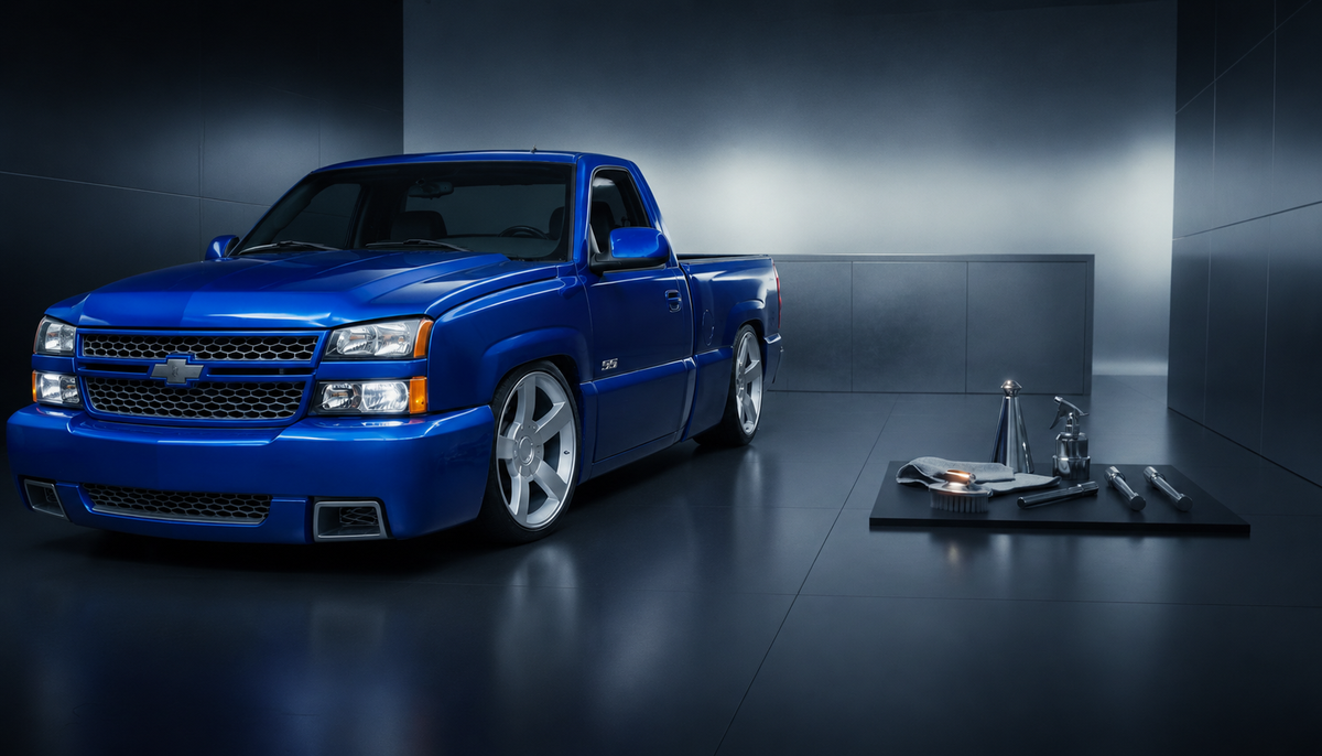 Lowered blue pickup truck in a premium detailing studio